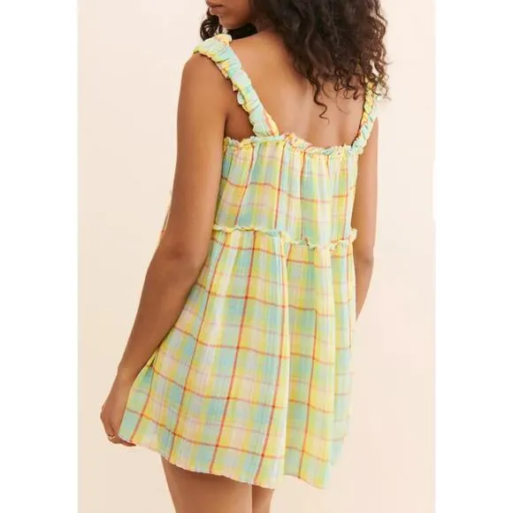 Anthropologie Oversized Plaid Playful Ruffle Strap Plaid Mini Dress Tunic Tank M