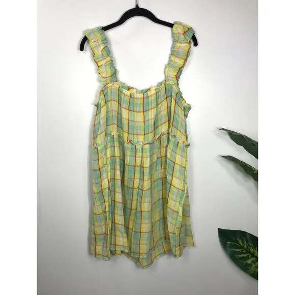 Anthropologie Oversized Plaid Playful Ruffle Strap Plaid Mini Dress Tunic Tank M