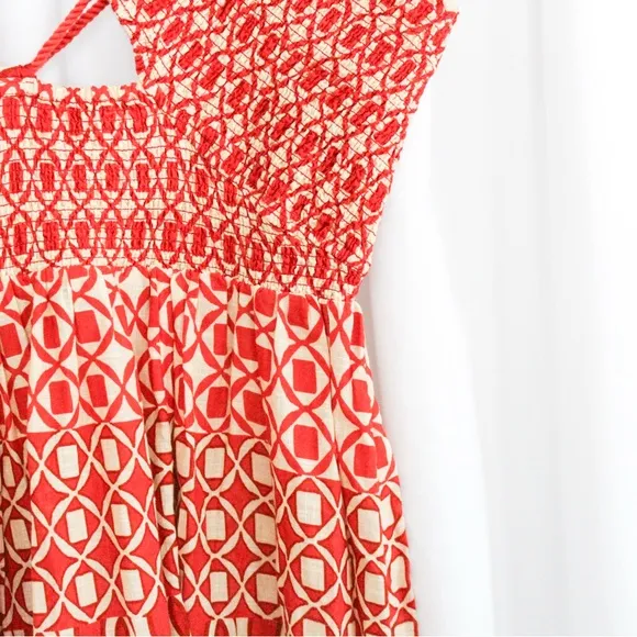 Anthropologie Strappy Low V-Neck Cut Out Geometric Print Midi Dress w Slits XL