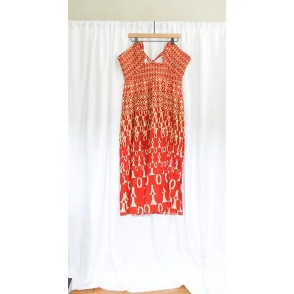 Anthropologie Strappy Low V-Neck Cut Out Geometric Print Midi Dress w Slits XL