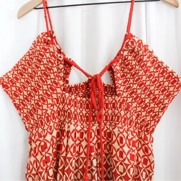 Anthropologie Strappy Low V-Neck Cut Out Geometric Print Midi Dress w Slits XL