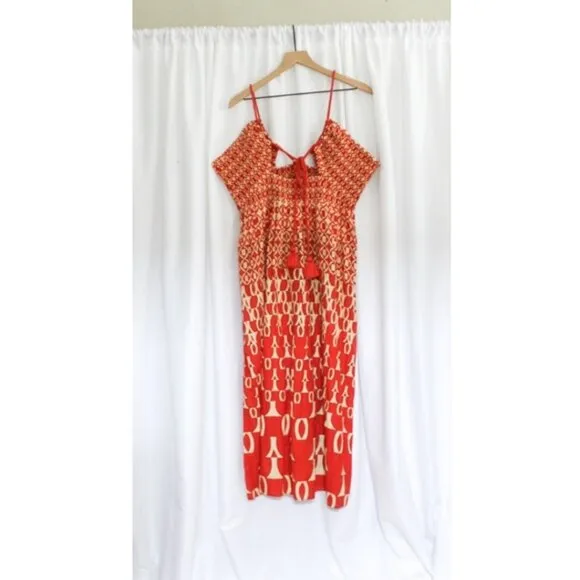 Anthropologie Strappy Low V-Neck Cut Out Geometric Print Midi Dress w Slits XL