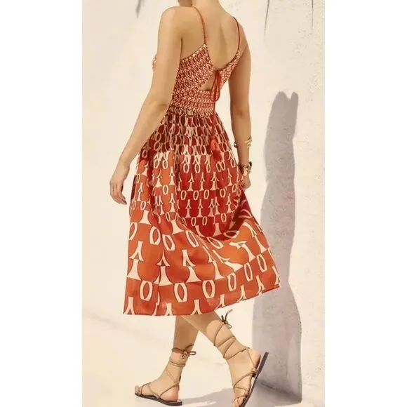Anthropologie Strappy Low V-Neck Cut Out Geometric Print Midi Dress w Slits XL