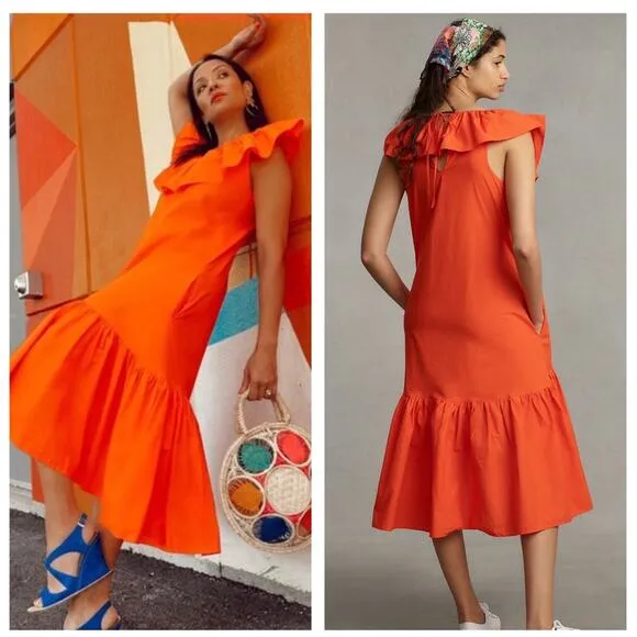 Anthropologie WHIT TWO Flouncy Ruffled Orange Oversized Nap Maxi Dress XS