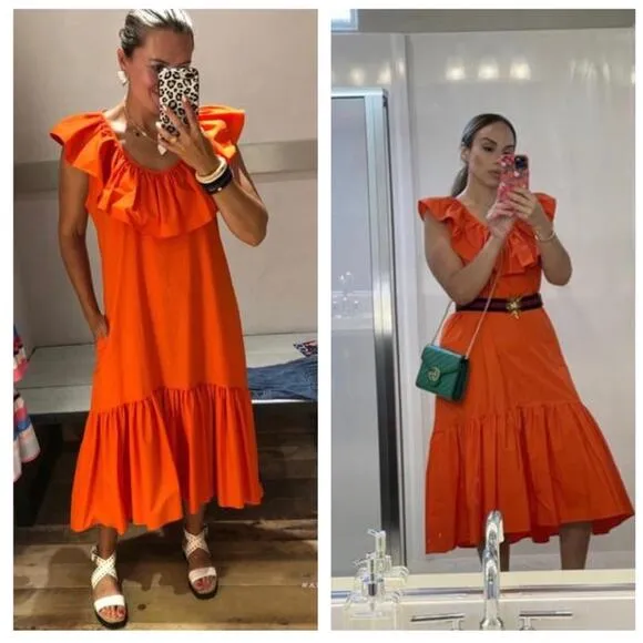 Anthropologie WHIT TWO Flouncy Ruffled Orange Oversized Nap Maxi Dress XS