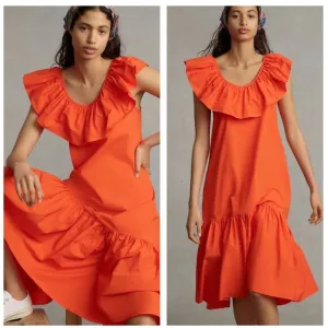 Anthropologie WHIT TWO Flouncy Ruffled Orange Oversized Nap Maxi Dress XS