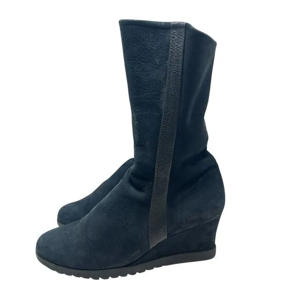 Arche Suede Wedge Tall High Boots Side Zip Leather Stripe Black Size 38 US 7