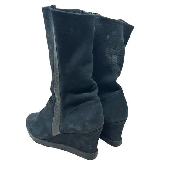 Arche Suede Wedge Tall High Boots Side Zip Leather Stripe Black Size 38 US 7