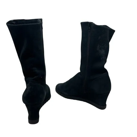 Arche Suede Wedge Tall High Boots Side Zip Leather Stripe Black Size 38 US 7