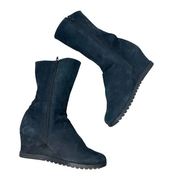 Arche Suede Wedge Tall High Boots Side Zip Leather Stripe Black Size 38 US 7