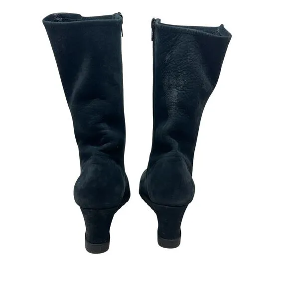 Arche Suede Wedge Tall High Boots Side Zip Leather Stripe Black Size 38 US 7