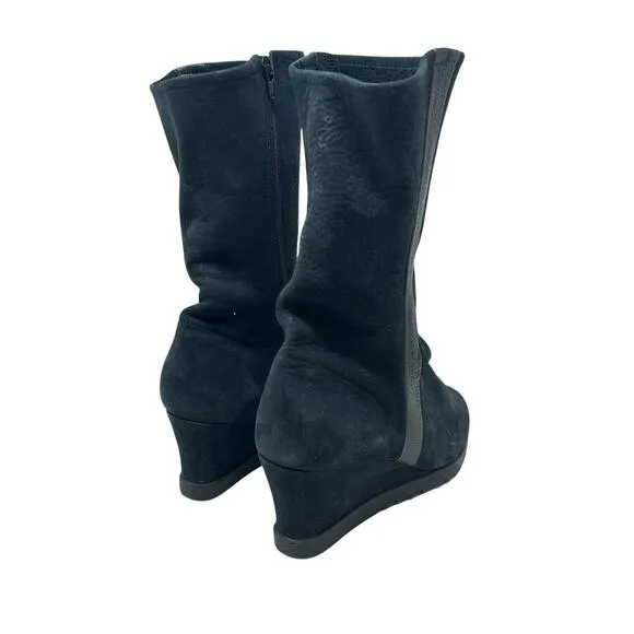 Arche Suede Wedge Tall High Boots Side Zip Leather Stripe Black Size 38 US 7