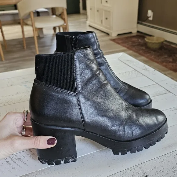 Arezzo Black Leather Block Heel Boots