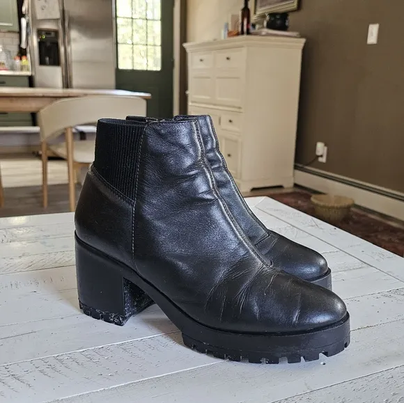Arezzo Black Leather Block Heel Boots