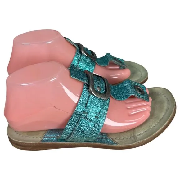 A.S. 98 Teal Blue Leather Embossed Silver Flip Flop Thong Sandals EU 38 US 7.5-8