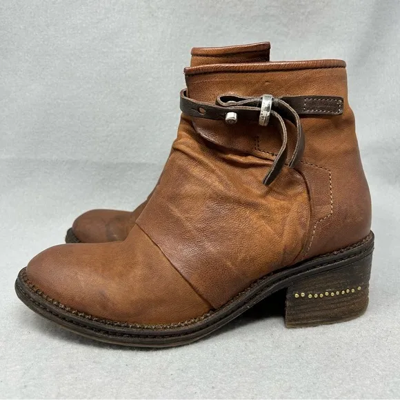A.S. 98 Women's US 7/37 Yaron Ankle Booties Brown Leather Ankle Strap Stud Moto