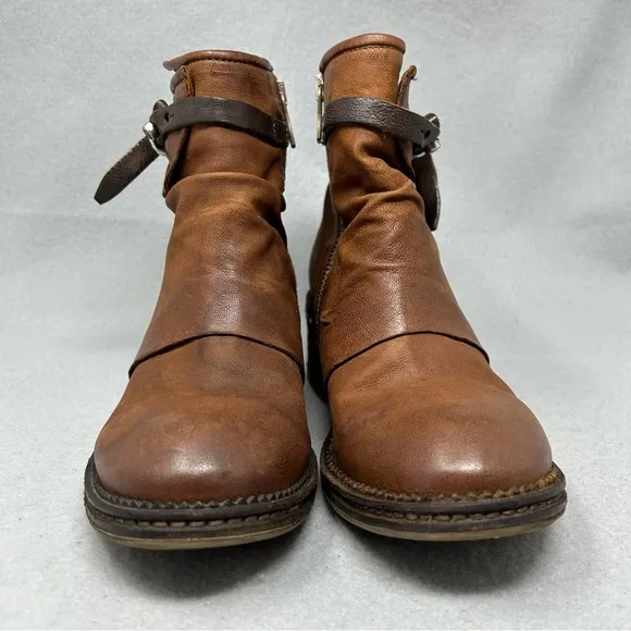 A.S. 98 Women's US 7/37 Yaron Ankle Booties Brown Leather Ankle Strap Stud Moto