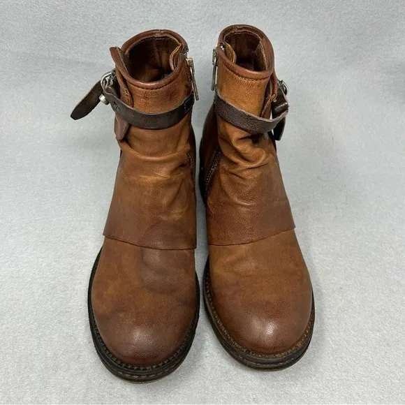 A.S. 98 Women's US 7/37 Yaron Ankle Booties Brown Leather Ankle Strap Stud Moto