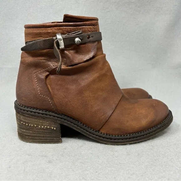 A.S. 98 Women's US 7/37 Yaron Ankle Booties Brown Leather Ankle Strap Stud Moto