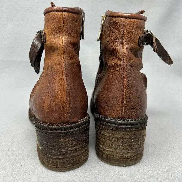 A.S. 98 Women's US 7/37 Yaron Ankle Booties Brown Leather Ankle Strap Stud Moto