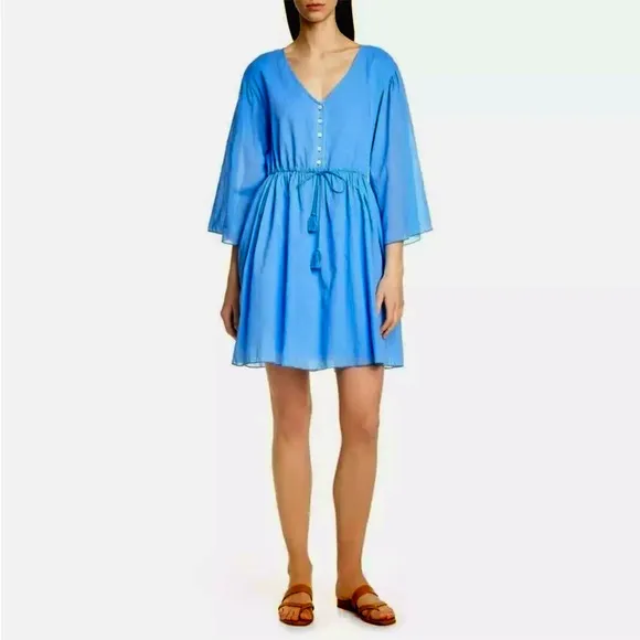 ATM Anthony Thomas Melillo Cotton V-Neck Mini Dress Sky Blue 3/4 Sleeve S $330