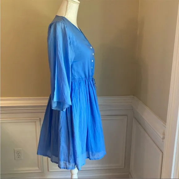 ATM Anthony Thomas Melillo Cotton V-Neck Mini Dress Sky Blue 3/4 Sleeve S $330