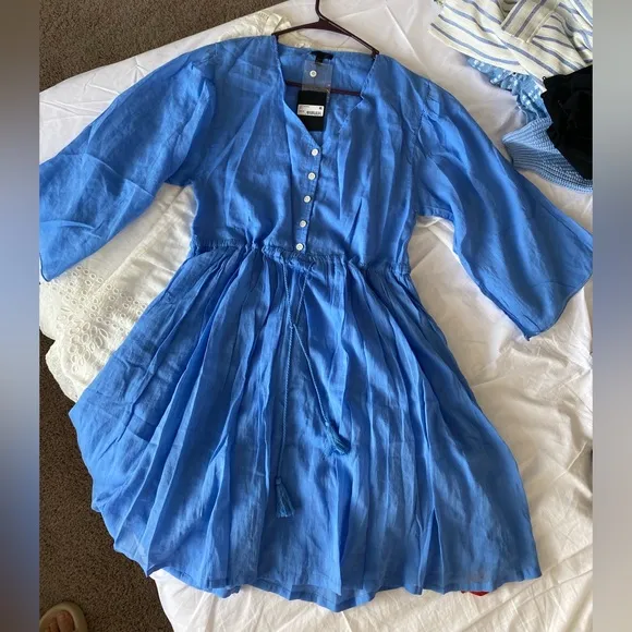 ATM Anthony Thomas Melillo Cotton V-Neck Mini Dress Sky Blue 3/4 Sleeve S $330