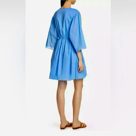 ATM Anthony Thomas Melillo Cotton V-Neck Mini Dress Sky Blue 3/4 Sleeve S $330