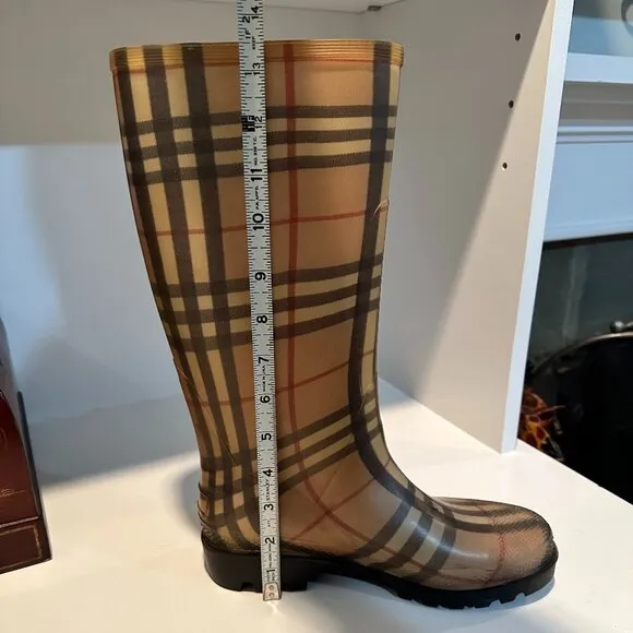 Auth BURBERRY House Plaid Tall Rain Boots, Size 38 EU/USA 7.5