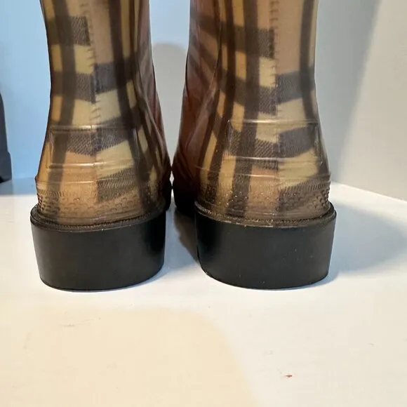 Auth BURBERRY House Plaid Tall Rain Boots, Size 38 EU/USA 7.5