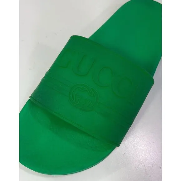 Authentic Gucci Unisex Green Rubber Slide Sandals Size US Women 10/Men 8