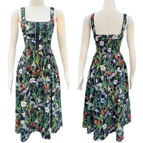 Avec Les Villes Butterfly Floral Print Square Neckline Corset Fit &amp; Flare Dress