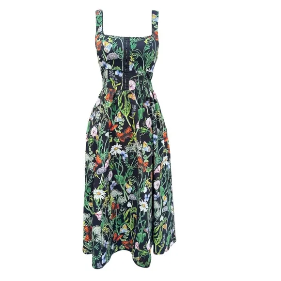 Avec Les Villes Butterfly Floral Print Square Neckline Corset Fit &amp; Flare Dress