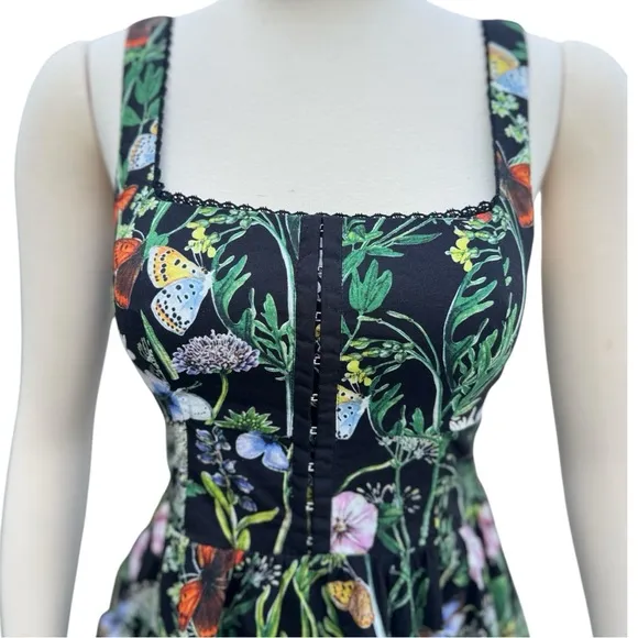 Avec Les Villes Butterfly Floral Print Square Neckline Corset Fit &amp; Flare Dress