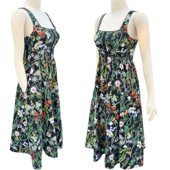 Avec Les Villes Butterfly Floral Print Square Neckline Corset Fit &amp; Flare Dress