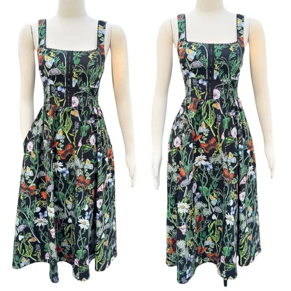 Avec Les Villes Butterfly Floral Print Square Neckline Corset Fit &amp; Flare Dress