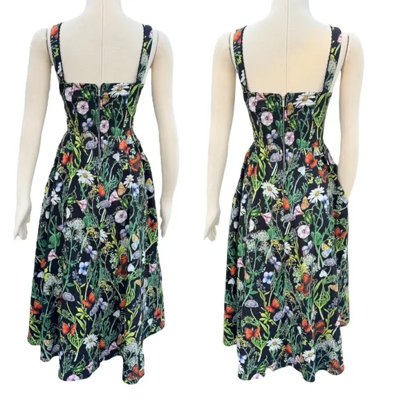 Avec Les Villes Butterfly Floral Print Square Neckline Corset Fit &amp; Flare Dress