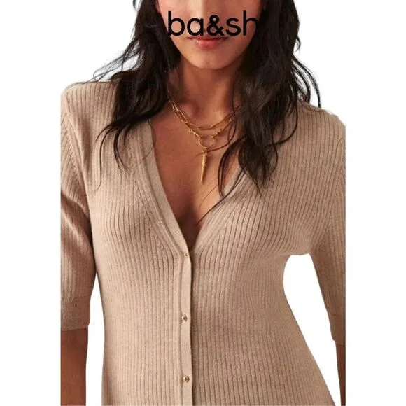 Ba&amp;sh Kai Ribbed Knit Mini Dress in Biege NWT Size Medium