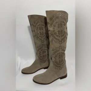 Bata Lace Cut Out Suede Leather Boots Women's Size 36 (5.5-6) Beige Tall Riding