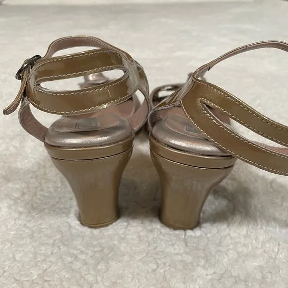 BeautiFeel Leather Rosette Sandal Heels Comfort Shoe Gold Rhinestone Metallic 10