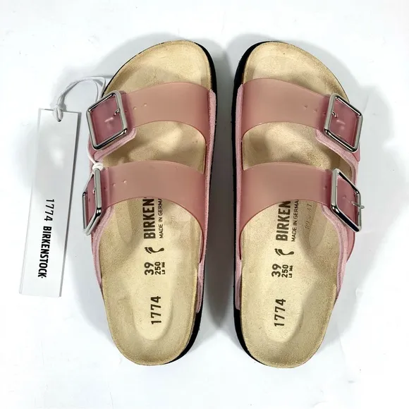 Birkenstock 1774 Arizona PVC Leather Luxe Slide Sandals Rose Pink 8 39 NEW