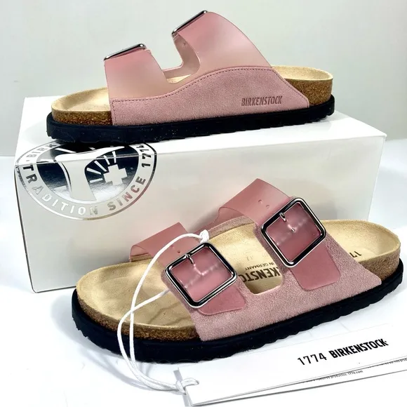 Birkenstock 1774 Arizona PVC Leather Luxe Slide Sandals Rose Pink 8 39 NEW