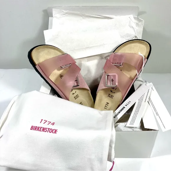 Birkenstock 1774 Arizona PVC Leather Luxe Slide Sandals Rose Pink 8 39 NEW