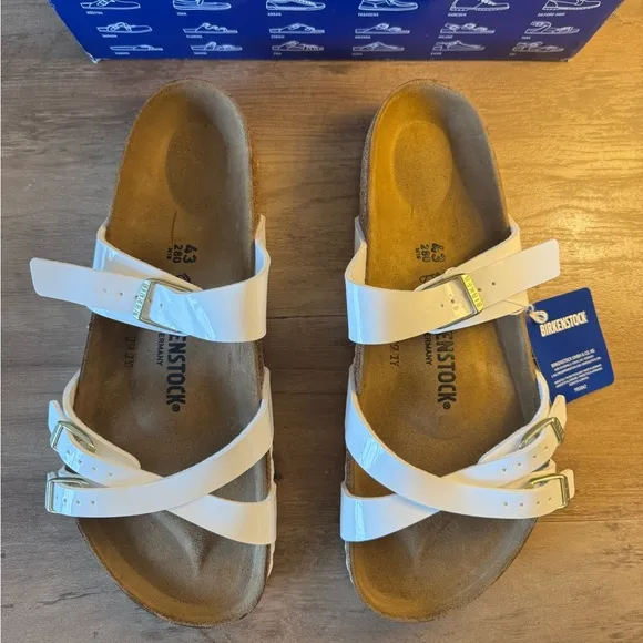 Birkenstock Franca Sandals in Patent White with Gold Buckles