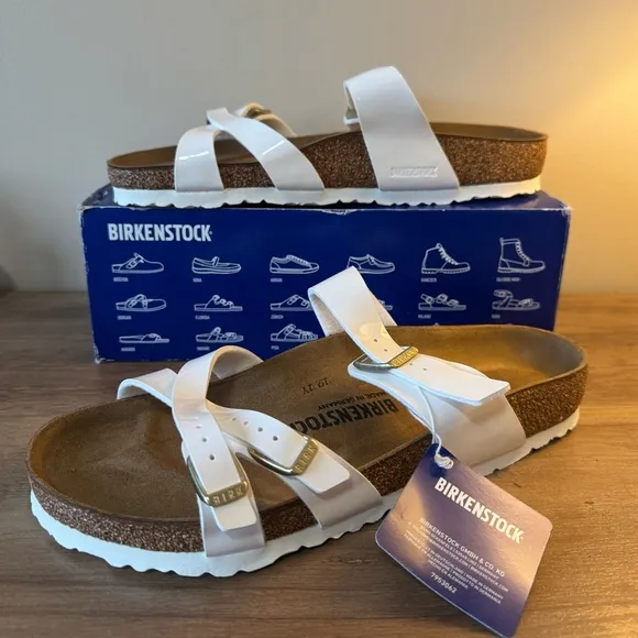 Birkenstock Franca Sandals in Patent White with Gold Buckles