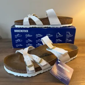 Birkenstock Franca Sandals in Patent White with Gold Buckles