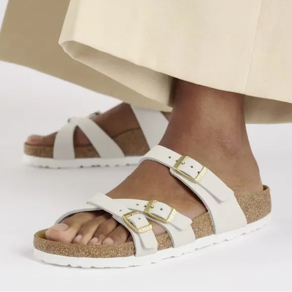 Birkenstock Franca Sandals in Patent White with Gold Buckles