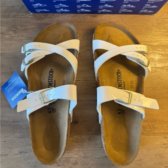 Birkenstock Franca Sandals in Patent White with Gold Buckles