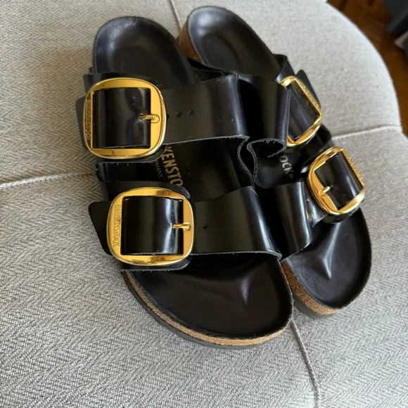 Birkenstock Women's Black Sandals with Gold Buckles