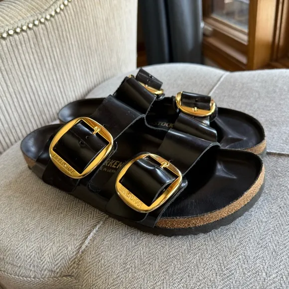 Birkenstock Women's Black Sandals with Gold Buckles